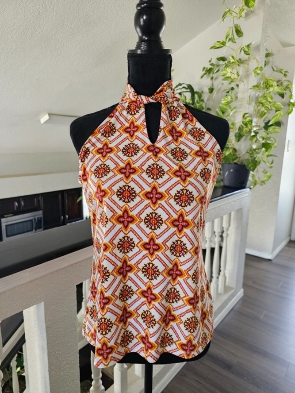 TEA PLEASE - Halter Neck Printed Women’s Top - Orange Floral Pattern - S -